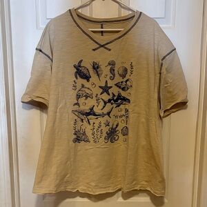 Beige Graphic Tee with Sea Life Design and Navy Stitching From SHEIN Curve.